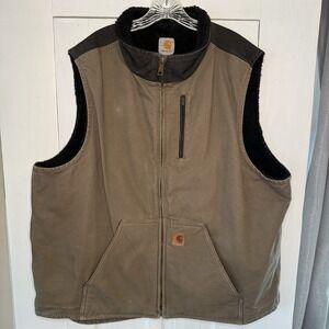 Vintage Carhartt Men's 2XL Sherpa Fleece Lined Vest Brown Black Collar Full Zip